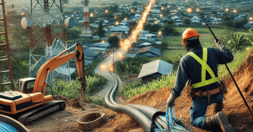 A worker in safety gear repairs damaged telecommunications cables on a construction site in a rural area, highlighting the disruption caused by cable theft. Communication towers and infrastructure are visible in the background, emphasizing the economic impact of the theft.